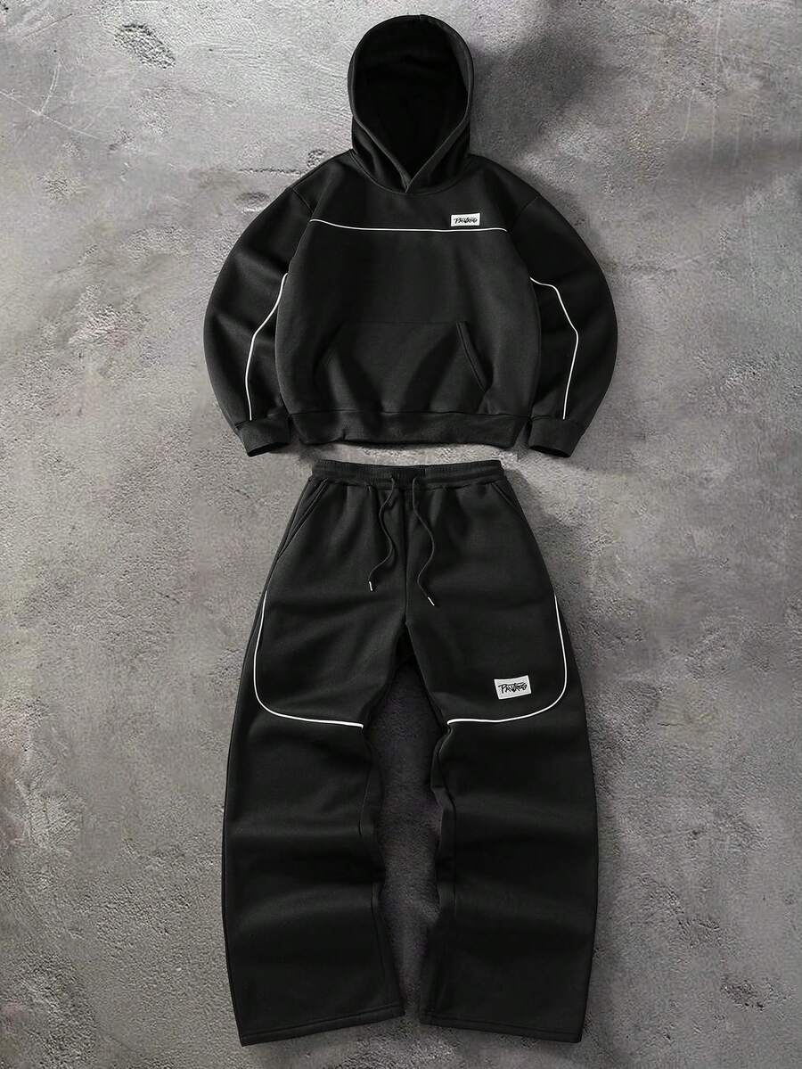 PAVTROS Men's Denim Hooded Long Sleeve Sweatshirt And Sweatpants Casual Daily Set - Black - View 1