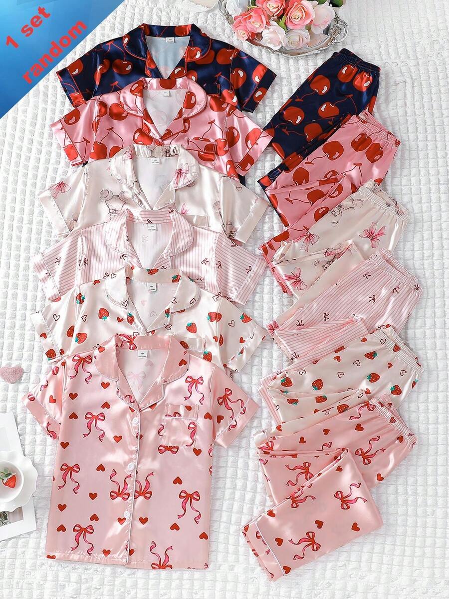 女童黑色極簡緞面印花長褲與短袖開襟衫居家服套裝,專為年輕女孩設計,舒適柔軟,適合日常休閒穿著,6套隨機發貨,1套驚喜盲盒 - 彩色 - 查看 1