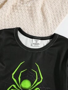 SHEIN 青少年男孩螢光綠蜘蛛圖案圓領修身長袖T恤與長褲套裝，柔軟舒適居家睡衣套裝 2件組，貼身剪裁 - 綠色 - 查看 4