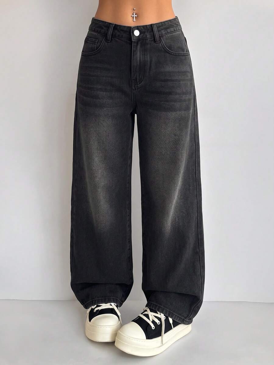 SHEIN ICON 女款寬鬆寬腿休閒牛仔褲,附口袋,秋季服飾 - 黑色 - 查看 1