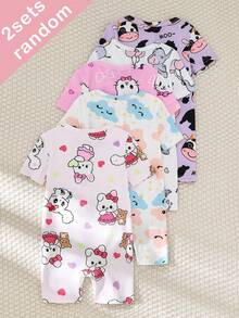5pcs/Set Random Blind Box, 2pcs Baby Girls' 2-Piece Set Includes Short Sleeve Tops And Shorts, Light Pink, Purple, White, Heart, Cat, Rabbit, Cow, Cloud, Star, Elephant Cute All-Over Print, Casual, Stretchy, Soft, Zipper, Homewear, Suitable For Summer, Bodysuit - Multicolor - View 2