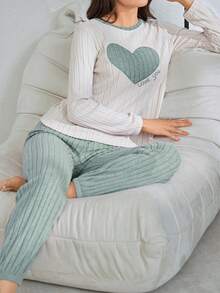 SHEIN 秋冬薄刷毛甜美刺繡愛心居家服 2 件套 - 淺藍色 - 查看 4