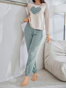 SHEIN 秋冬薄刷毛甜美刺繡愛心居家服 2 件套 - 淺藍色 - 查看 6