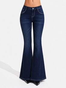 SHEIN Tall 女款休閒水洗喇叭牛仔褲 - 深色水洗藍 - 查看 1