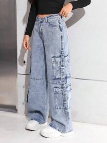SHEIN 少女Y2K时尚水洗高腰宽松阔腿工装牛仔裤，带实用口袋，百搭风格，冬季街头服饰 - 中等水洗藍 - 查看 6