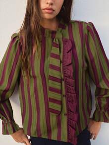 Nöista Olive And Burgundy Striped Blouse With A Tie Neck And Ruffle Trim.  Elegant Blouse Office Wear, Formal Occasions,Day-To-Night,Fall, Autumn, Winter. - Green - View 7