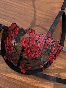 SHEIN 女款天藍色刺繡細肩帶內衣套裝 2件組 - 黑色 - 查看 7