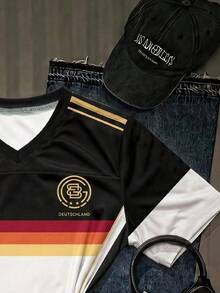 SHEIN EZwear 女款寬鬆V領德國國家足球隊世界盃球衣T恤，黃色，對比色領口與袖口條紋，2026世界盃運動時尚比賽日足球街頭風 - 彩色 - 查看 6