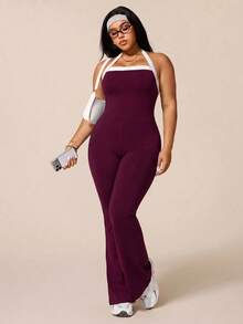 SHEIN Rhythm Era Women's Plus Size Sports Yoga Outdoor Gym One-Piece Jumpsuit Strapless Camisole Spaghetti Strap Contrast Color Straps Spaghetti Strap Style Leggings Flare Pants Tight Fit - Red Violet - View 6