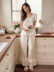 Snug Reverie Women's Square Neck Embroidered Ruffle Short Sleeve Top And Long Pants Pajama Set - Apricot - View 4