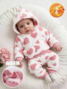 SHEIN Vintaside Kids 嬰兒毛絨套裝，加厚珊瑚絨連帽套裝附袋，可愛粉色與白色條紋愛心設計，秋冬家庭親子搭配校園風 - 白色 - 查看 5