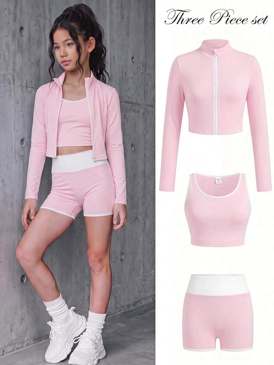 Girlism 少女春夏季秋冬新款針織粉色拼接白色純色長袖立領拉鍊T恤背心單車褲3件套,運動服,基礎極簡休閒風 - 粉色 - 查看 1