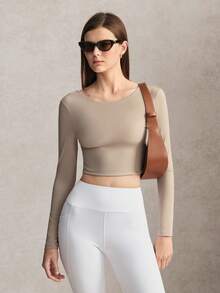 Activina Women's Solid Color Back Cutout Twist Design Long Sleeve Cropped Sports T-Shirt - Beige - View 7