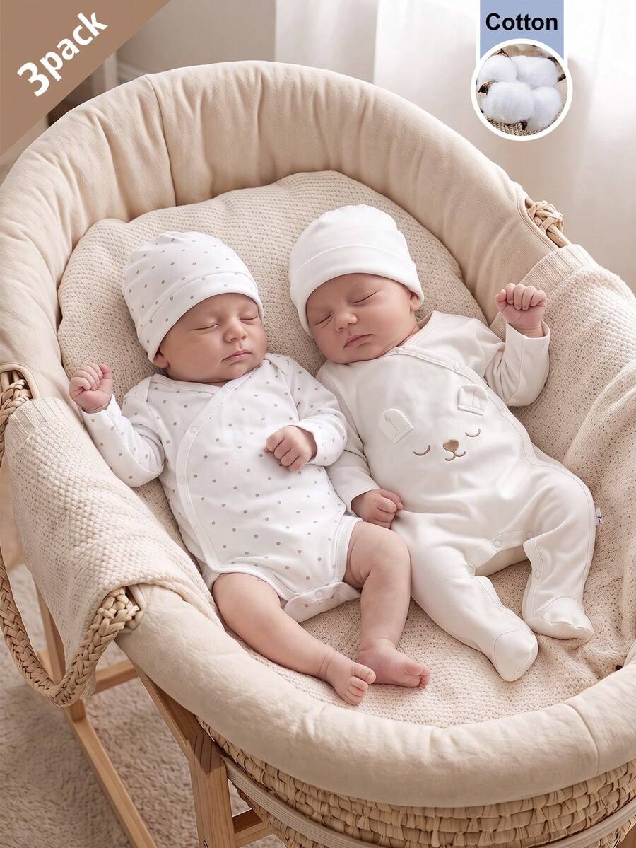 3-Piece Newborn All-Season Homewear Set, Bear Embroidered 3D Ear Footed Romper, Khaki Polka Dot Romper & Hat, Baby Gift - White - View 1