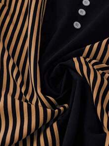 SHEIN LUNE 大码女式条纹卷袖纽扣设计休闲宽松衬衫 - 摩卡棕 - 查看 4