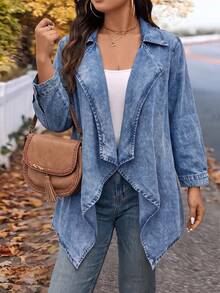 EMERY ROSE EMERY ROSE ملابس علوية جينز فضفاضة للنساء بمقاسات كبيرة مع ياقة وياقة وأزرار أمامية - الأزرق - مشاهدة 5