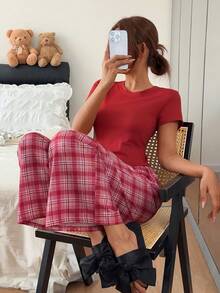 Napfluff 休閒居家服 格紋針織短袖女款睡褲套裝 - 紅木色 - 查看 5