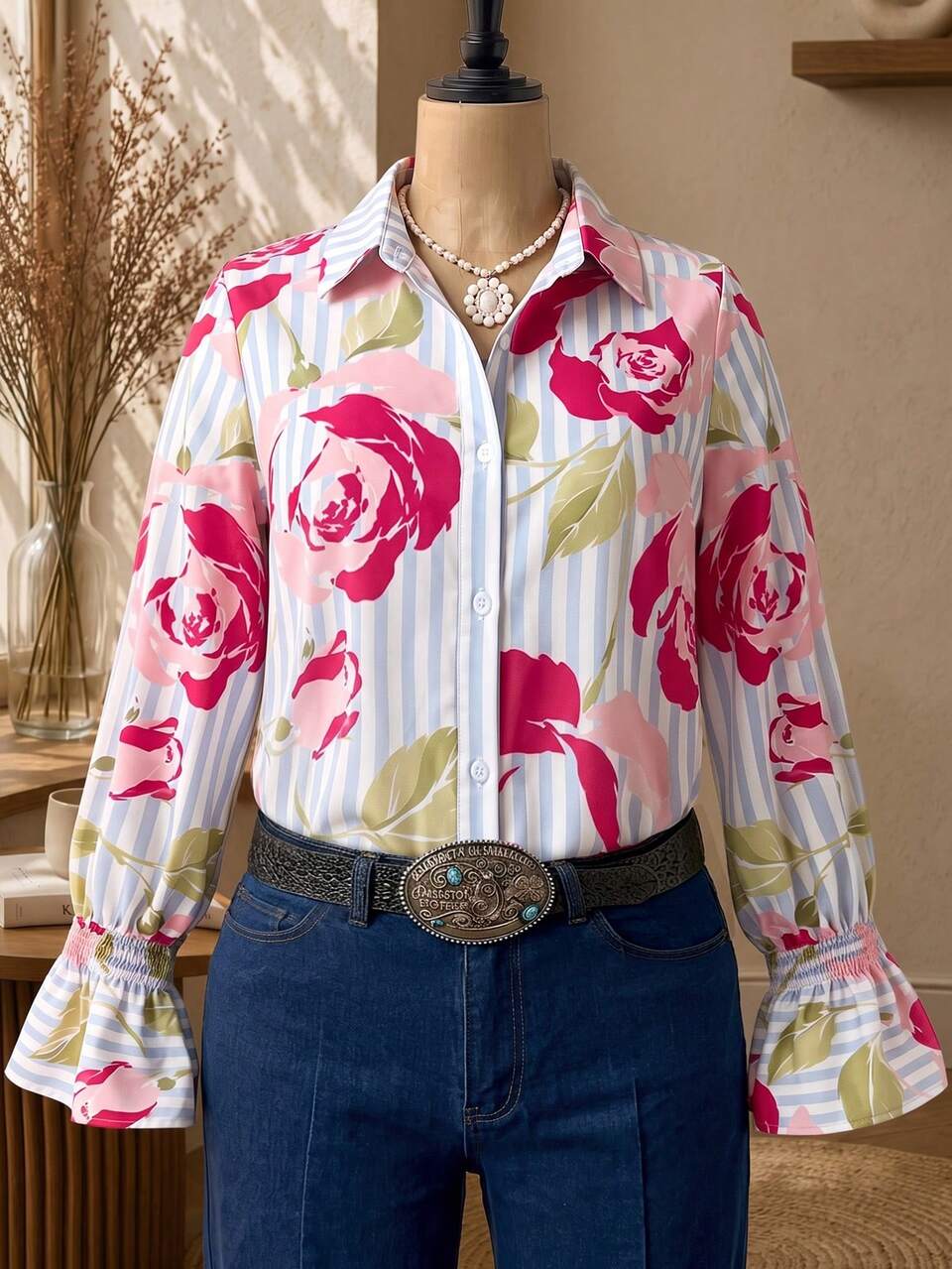 Plus Size Women's Floral Stripe Print Lapel Collar Long Sleeve Ruffle Cuff Button Front Shirt Boho Vacation Going Out Fall Fashion 2026