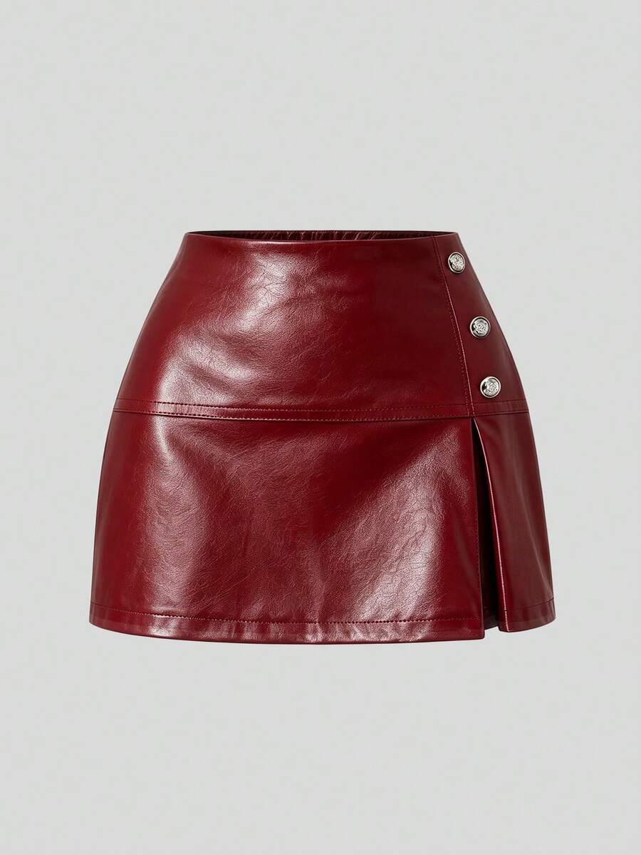Sweetra Rok Seksi Ukuran Besar dengan Desain Belahan untuk Musim Gugur - Burgundy - View 1