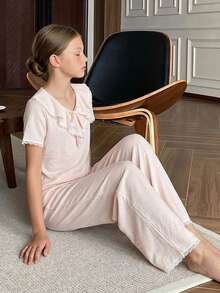 DAZY Tween Girls V-Neck Bow Decor Frill Trim Design Top And Straight Leg Pants 2 Pieces Set Loungewear - Apricot - View 4