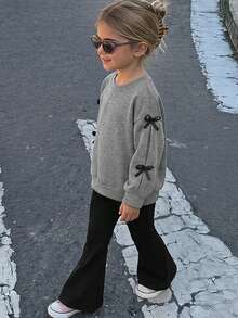 Hapijoa Bowknot Decor Cute Sweatshirt Top + Casual Flared Pants Solid Color Young Girls Sweatshirt Set - Grey - View 1