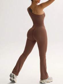 Easithlete Easithlete Women's Solid Color One Shoulder Daily Fitness Sports Jumpsuit - Brown - View 5