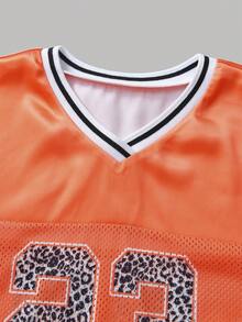 SHEIN Tween Girls' Fashion Sports Casual Street Style Orange Mesh Numeric Pattern Baseball Jacket, Suitable For World Cup, Sports Events, Music Festivals - Orange - View 3