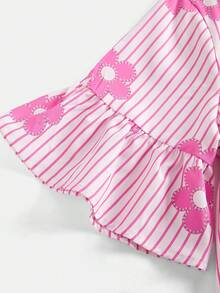 Firerie Kids Tween Girls' Fashion Casual Summer Commute Collared Woven Striped Floral Patchwork Ruched A-Line Dress, Back To School & Graduation Season - Pink - View 4