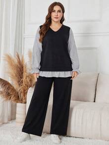 Lacomfia Autumn/Winter Elegant Loose Versatile V-Neck Pullover Floral Sleeve Patchwork Waist-Cinched Drape Pants Plus Size Women 2-Piece Set - Multicolor - View 6