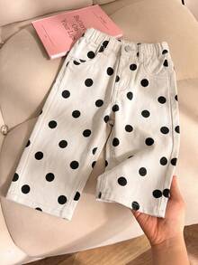 SHEIN Vintaside Kids 女嬰牛仔長褲 冬季休閒復古可愛彈性腰圍 黑白波點印花布料 寬鬆直筒版型 畢業款 - 彩色 - 查看 2