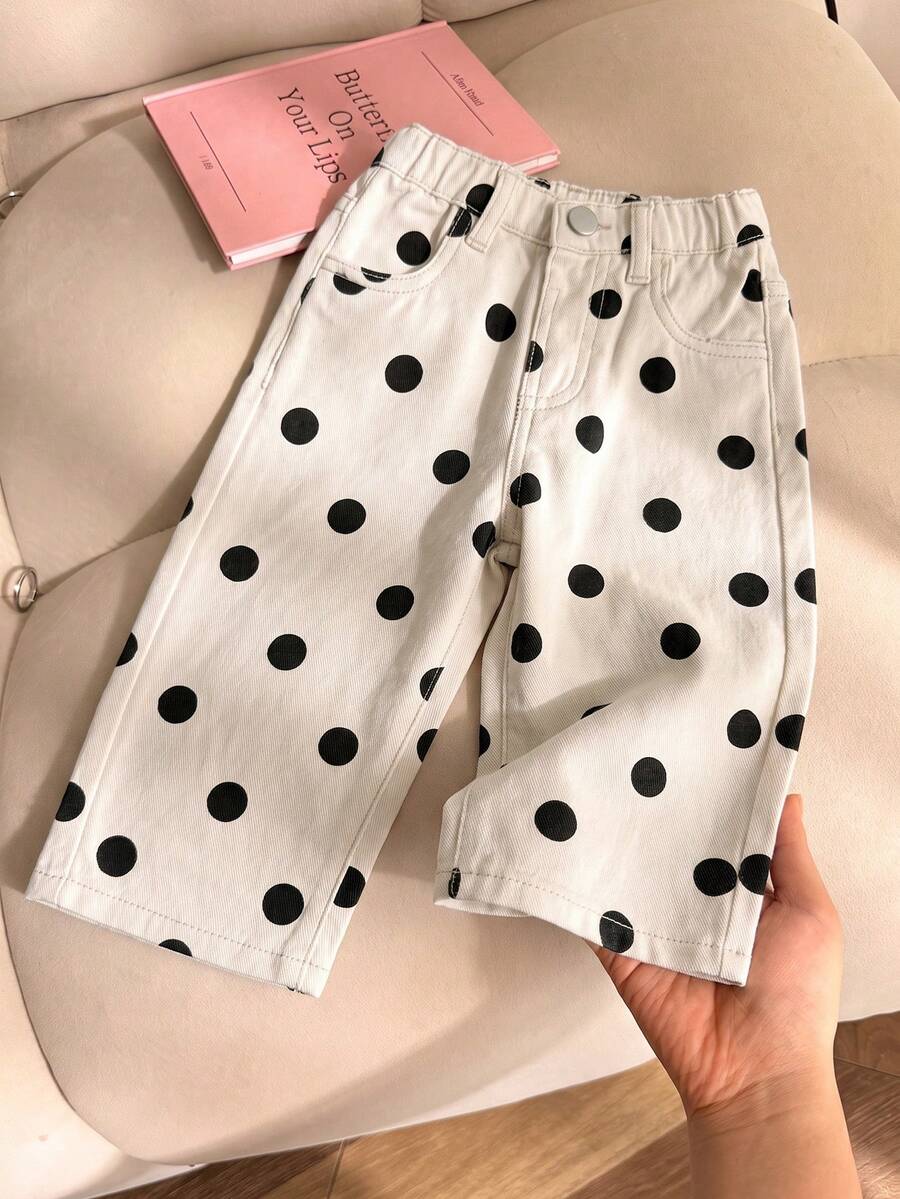 SHEIN Vintaside Kids 女嬰牛仔長褲 冬季休閒復古可愛彈性腰圍 黑白波點印花布料 寬鬆直筒版型 畢業款
