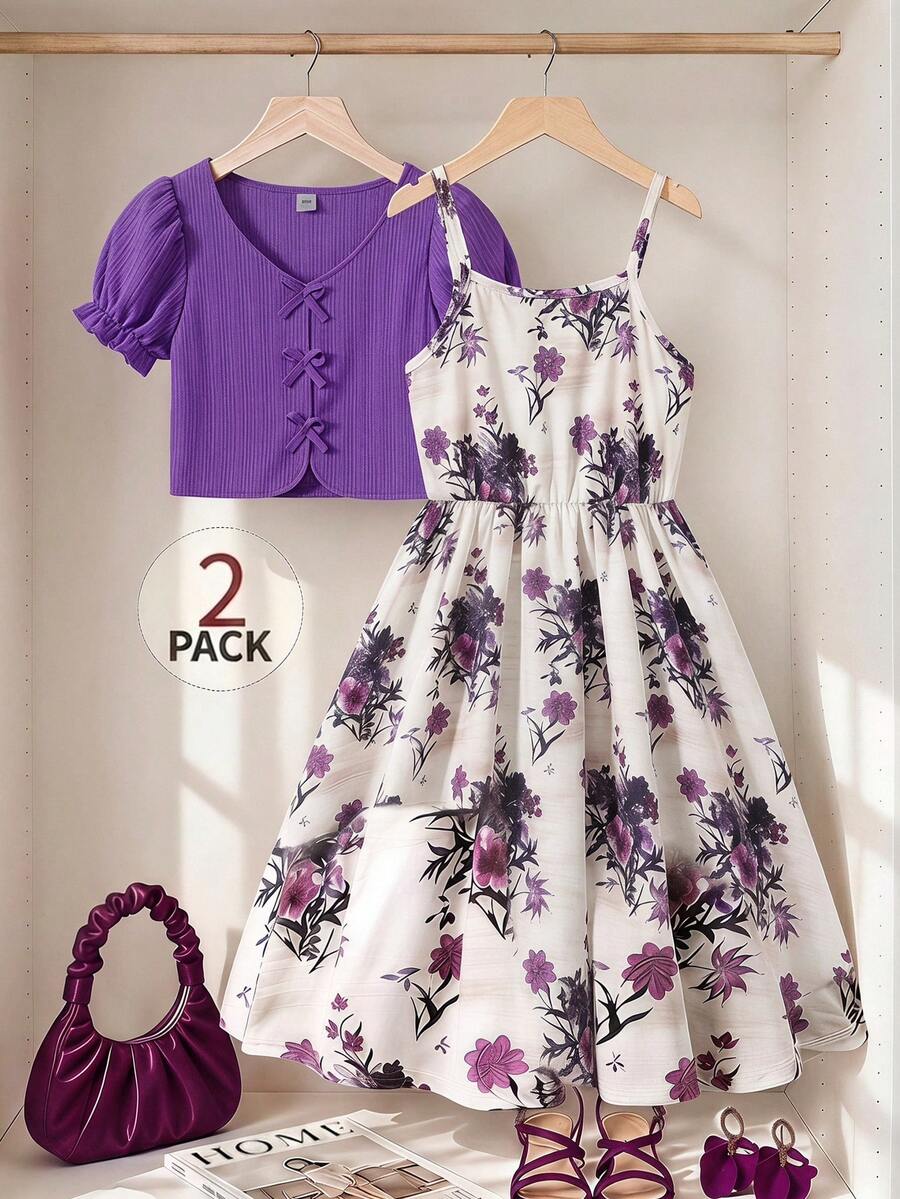 SHEIN 2 piezas/Set Conjunto de camisa y vestido elegante estilo vacaciones para niñas, camisa de manga abullonada texturizada de unicolor y vestido camisola, diseño de encaje en contraste y floral, adecuado para viajes de primavera/verano, playa y uso al aire libre - Morado - Ver 1