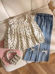 SHEIN 2pcs/Set Blus Lengan Panjang Kerah Persegi Motif Polkadot Berenda + Celana Panjang Jeans Model Flare dengan Hiasan Pita untuk Anak Perempuan, Musim Gugur - Aprikot - View 2