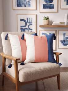 Cirelle 1pc/2pcs All-Season 3-Tone Vertical Color Block Canvas Pillow Covers With Four-Corner Tassels, Minimalist Modern Boho Neutral Home Decor Cushion Cases For Sofas, Bedrooms, Bay Windows, Apartments & Homestays, Pillow Insert Not Included - Pink blue - View 3