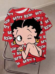 Betty Boop x SHEIN 加大码夏季休闲卡通字母印花短袖T恤 - 白色 - 查看 1