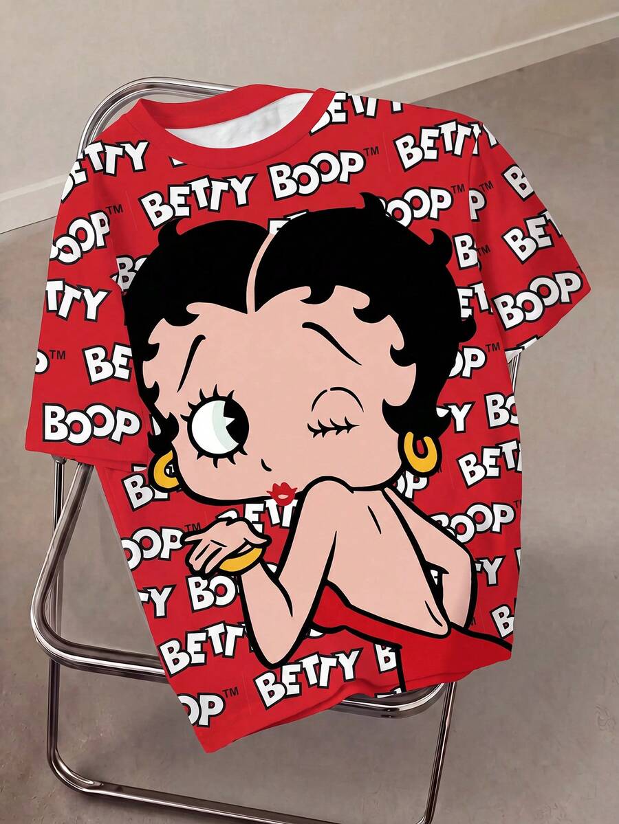Betty Boop x SHEIN 加大码夏季休闲卡通字母印花短袖T恤 - 白色 - 查看 1