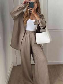 SHEIN Teen Girls Casual Coffee Brown Loose Long Sleeve Shirt And Pants Set, Autumn - Coffee Brown - View 1