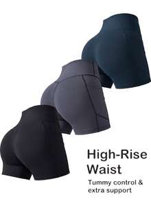 Velisys Velisys New Summer Women's High Waist Tight Fit Yoga Shorts, Wide Waistband Design With Invisible Side Pockets, 3 Pieces Set, Suitable For Fitness, Running And Daily Wear - Multicolor - View 1