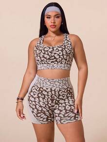 SHEIN Rhythm Era 大尺碼豹紋短版背心與短褲運動套裝 - 咖啡棕 - 查看 7