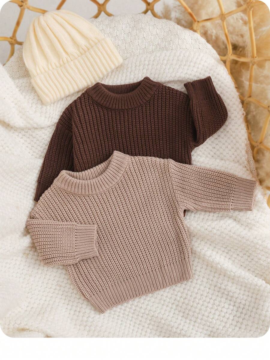 SHEIN 新生女嬰秋冬可愛百搭簡約純色長袖針織衫 - 棕色 - 查看 1