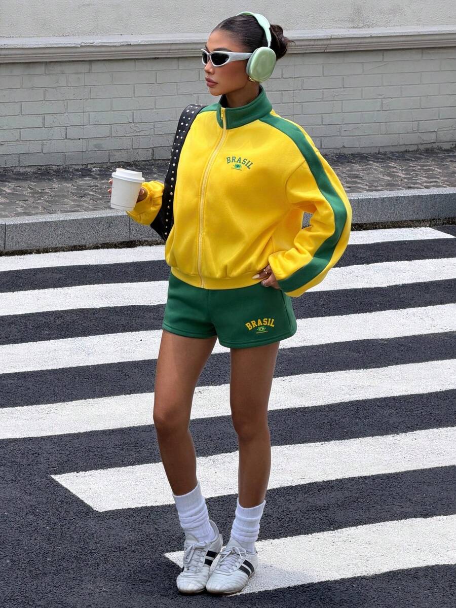 Muchica Women's Autumn Streetwear Graphic Color Block Outfit Printed Short Jacket High Waist Shorts Set Brazilian Football Beach Green And Yellow Dark Green - Yellow - View 1