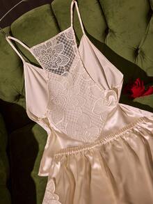 SilkySpell Sexy Beige Lace Backless Patchwork Camisole & Shorts Pajama Set For Women - Beige - View 5