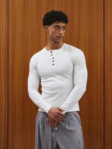 TOKVUE 男士大尺碼白色羅紋亨利領長袖T恤 - 白色 - 查看 3