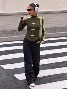 Muchica Yellow Autumn New Women's Knit Sporty Style 90s Ribbon Button Design Sun Protection Thin Jacket Everyday Night Theme - Army Green - View 6