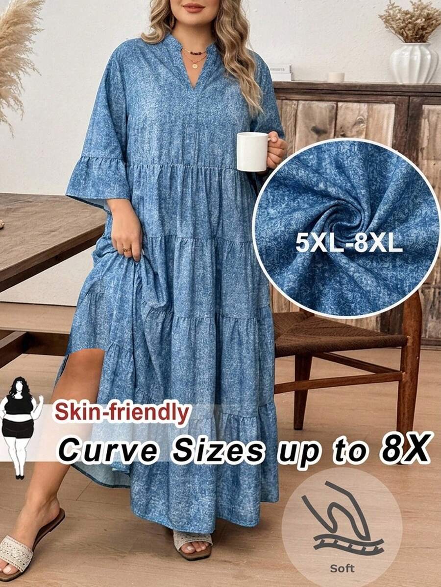 SHEIN CURVE+ 大尺碼牛仔效果印花長洋裝 2026 秋冬 22W - 彩色 - 查看 1