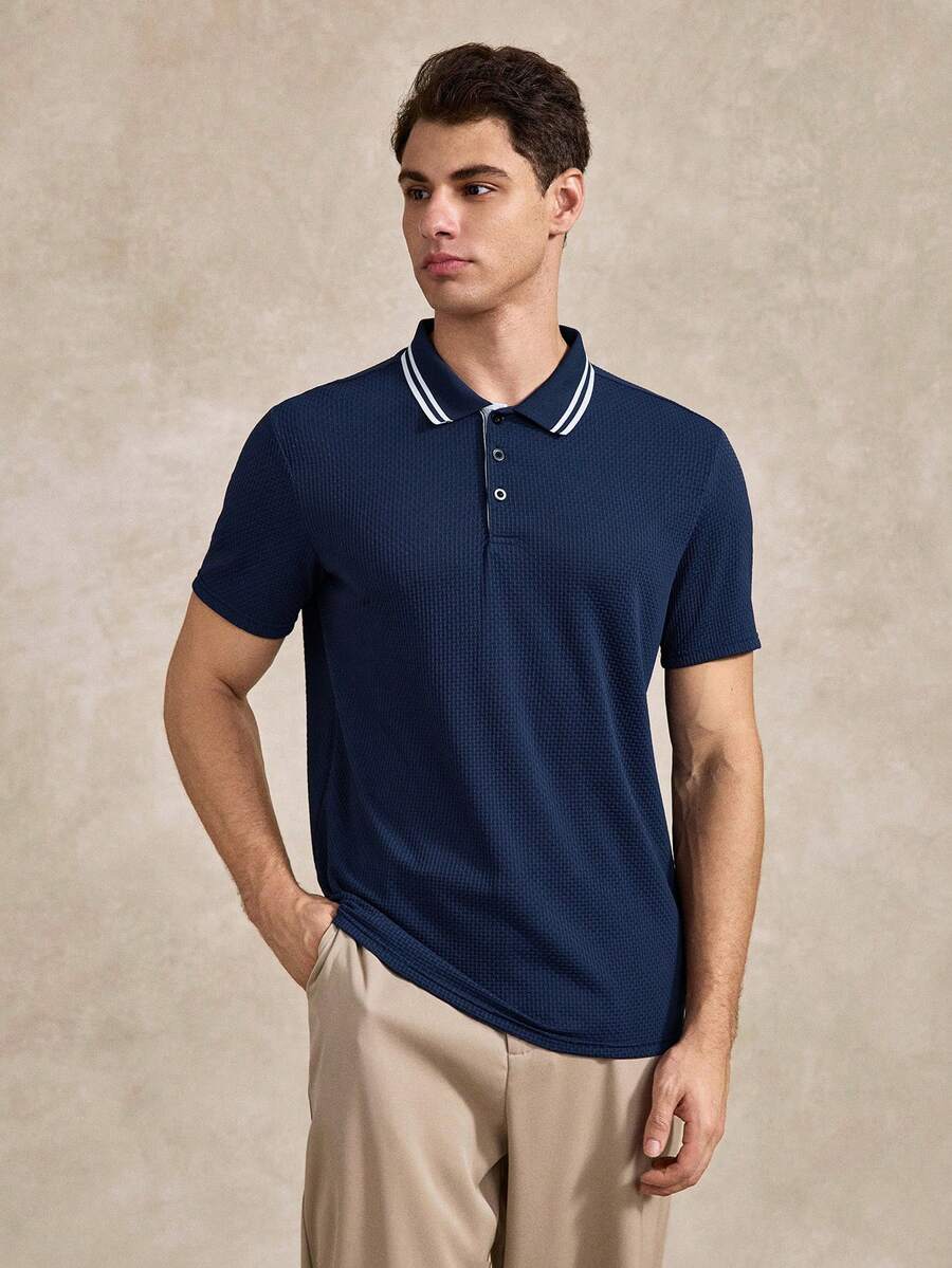 Courvante Men's Striped Short Sleeve Casual Commuter Polo Shirt, Formal - Navy Blue - View 1