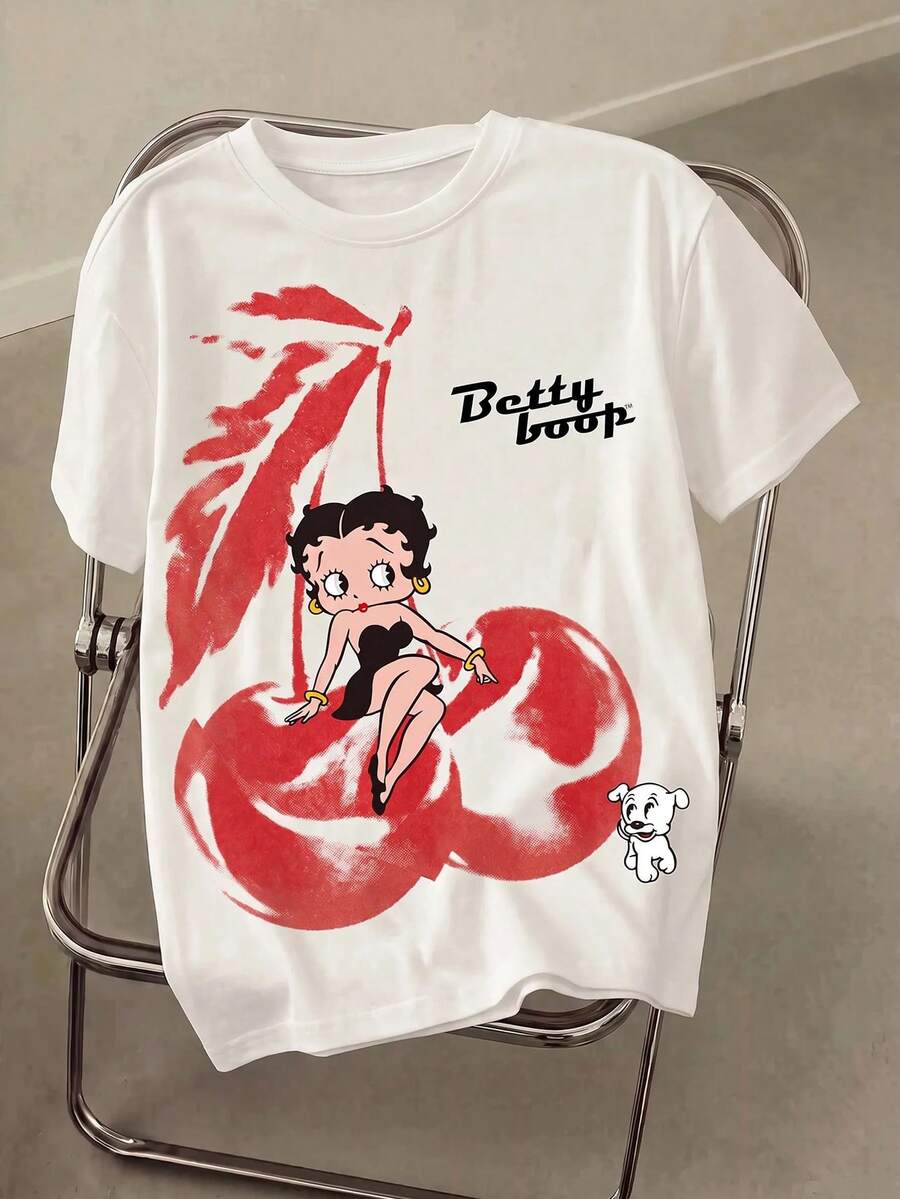 Betty Boop x SHEIN 女款卡通櫻桃印花T恤 - 白色 - 查看 1