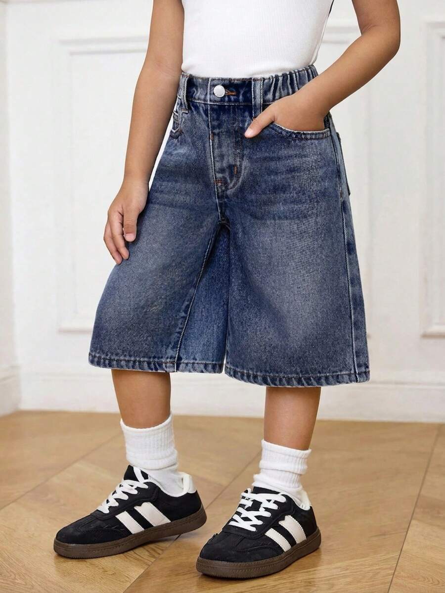 SHEIN Y2K 风格少女基础款宽松蓝色七分牛仔裤,适合春夏休闲度假、乡村波西米亚风、海滩、西部街头风,也适合春假、锐舞音乐节等场合,秋冬季皆宜。 - 深色水洗藍 - 查看 1