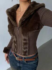 Aloruh Women's Autumn/Winter Faux Fur Patchwork Design Fur Collar Y2K New Retro Street Fashion Jacket - Coffee Brown - View 4