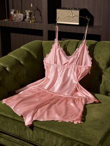 SilkySpell Pink Heavy Lace Sexy Plus Size Faux Silk Pajama Set - Pink - View 2